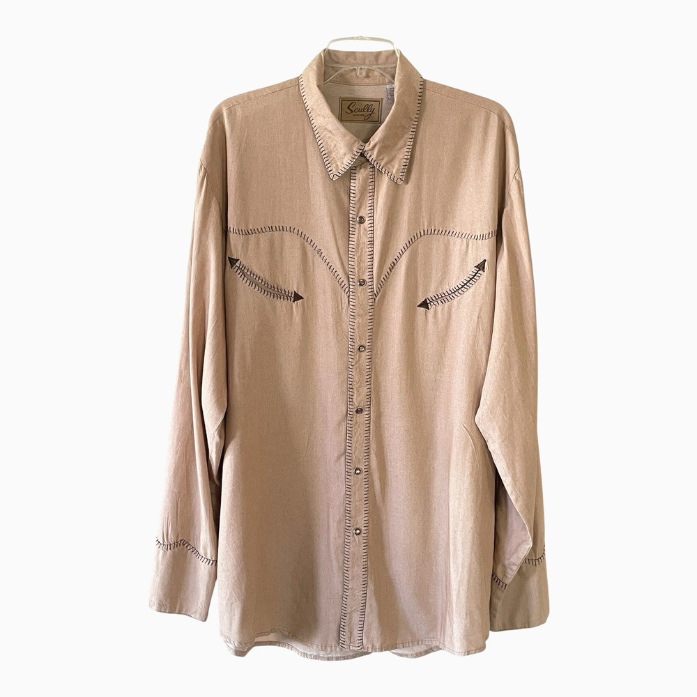 SCULLY Men's Large Tan Western Long Sleeve Contrast Stitching Pearl Snap Shirt